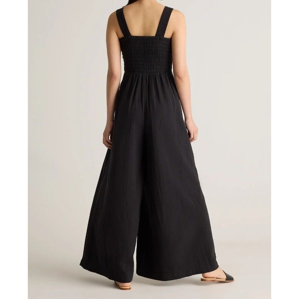Quince Women 100% Organic Cotton Gauze Smocked Wide Leg Jumpsuit Black Medium - Picture 2 of 6